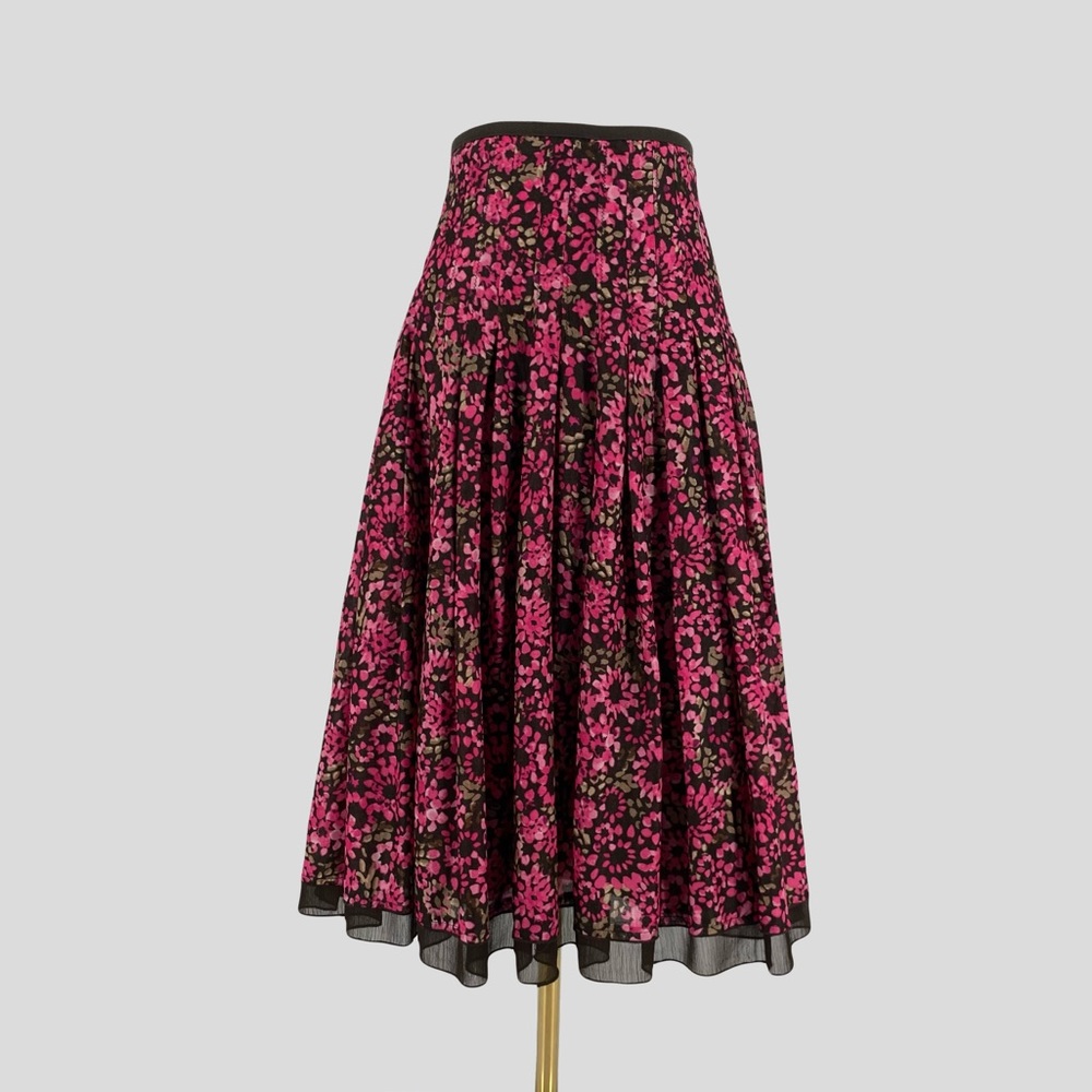 Vintage Pleated Floral Midi Skirt Magenta Pink Brown Maximalism Fairy Boho